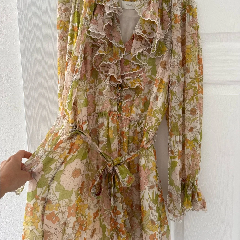 Zimmermann Cream Floral Ruffle Romper with Pink, Mustard, and Sage Accents - Picture 2 of 4